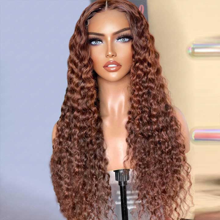 Reddish Brown Full Curly Lace Front Human Hair Wigs 13x4 Lace Closure Wig