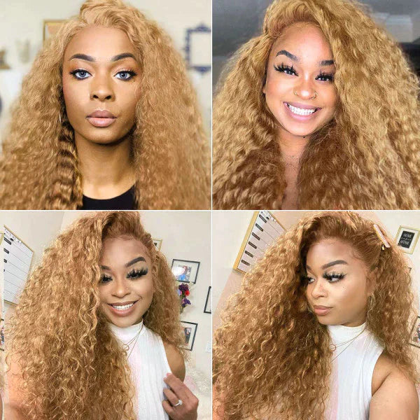 #27 Light Brown Water Wave Curly Transparent Lace Wig Human Hair Wigs Free Part